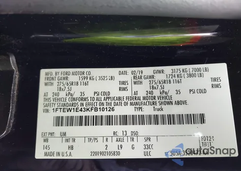 2019 Ford F-150 Lariat z USA, uszkodzony, nr VIN 1FTEW1E43KFB10126